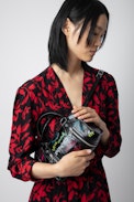 Sunny XS #2 Tag Bag - Women’s black vintage-effect patent leather bag with handle and shoulder strap with tags.