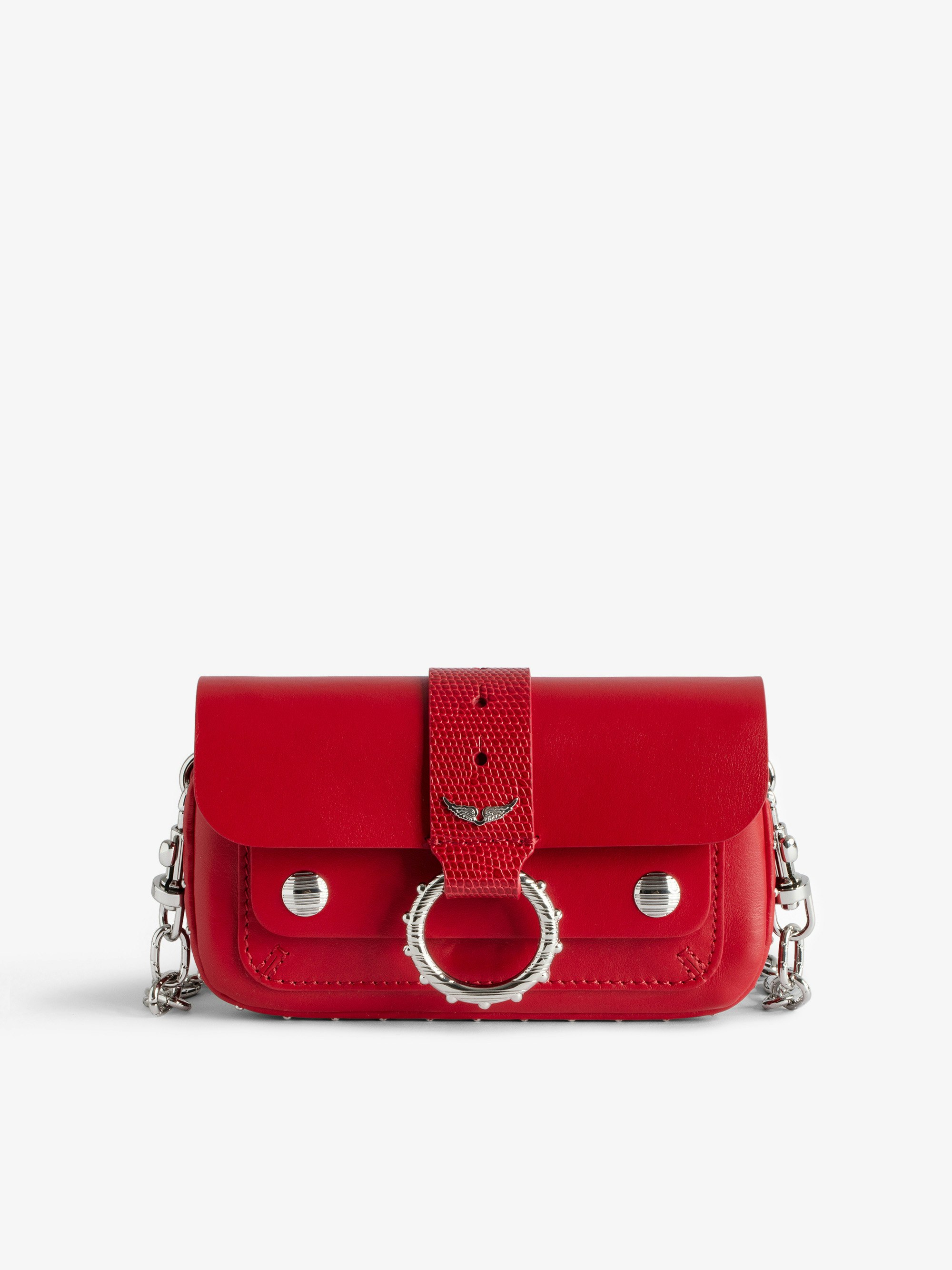 Kate Wallet Bag - Women’s red smooth leather mini bag with metal chain and iguana-embossed leather loop.