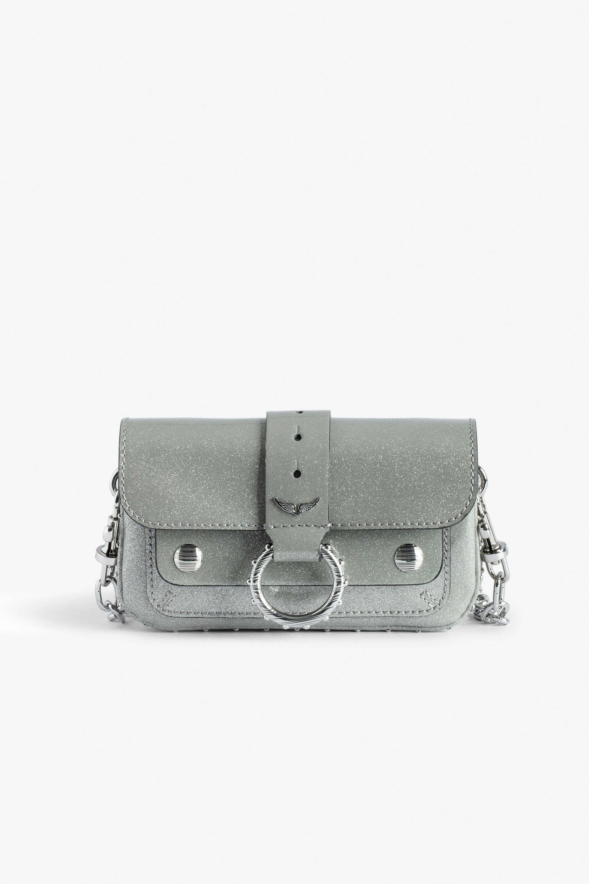 Kate Wallet Infinity Patent Bag - Silver metallic patent leather mini bag with metal chain.