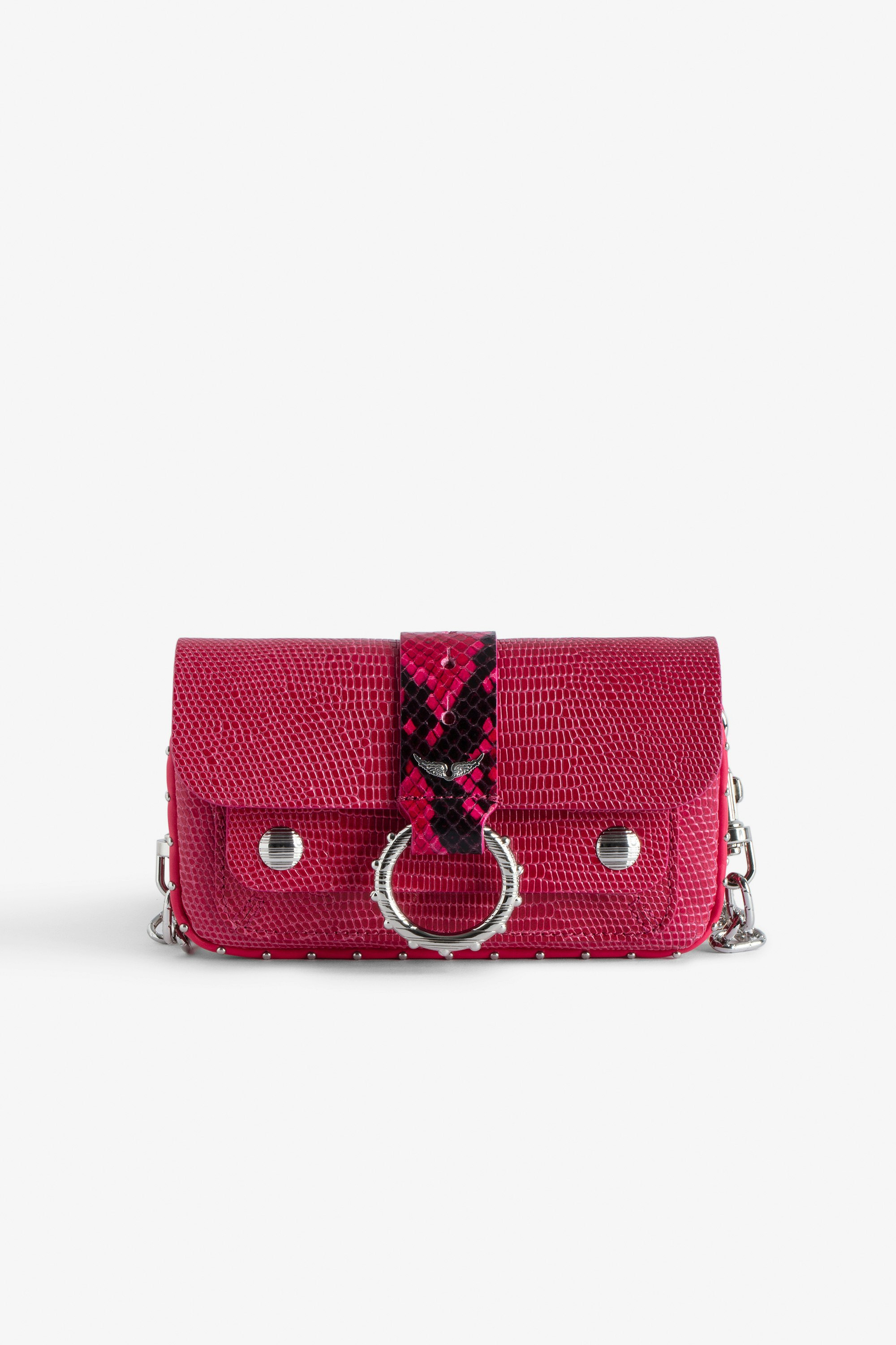 Tasche Kate Wallet Prägung - Mini-Tasche aus geprägtem Leder in Rosa mit Leguan-Effekt und Metallkette für Damen.