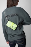 Kate Wallet Glossy Wild Bag - Women’s green iguana-effect patent leather mini bag with metal chain.