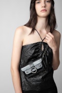 Kate Wallet Glossy Wild Embossed Bag - Women’s black iguana-embossed patent leather mini bag with metal chain.