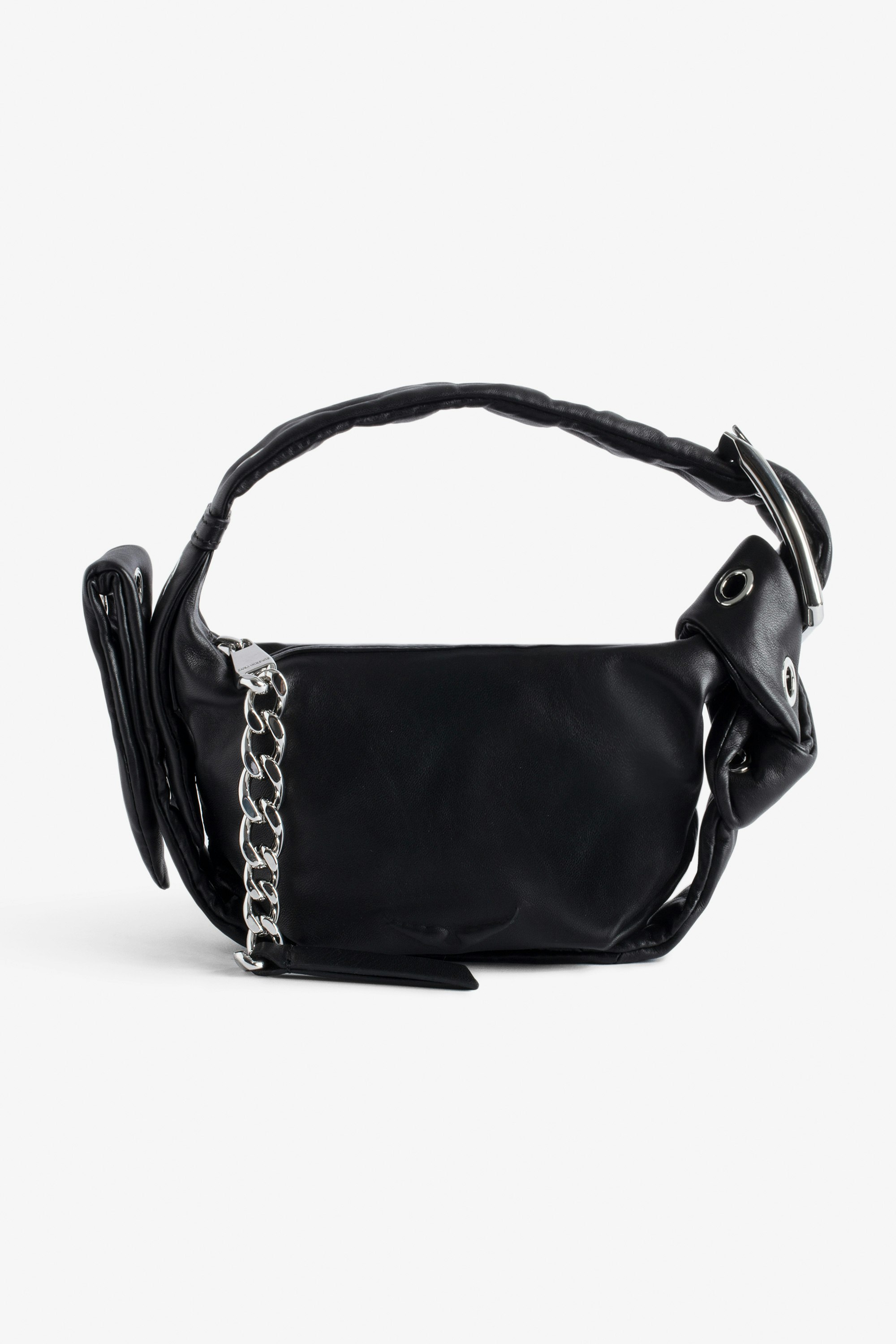 Le Cecilia XS Obsession Bag Women’s small black smooth leather bag with shoulder strap and metal C buckle.