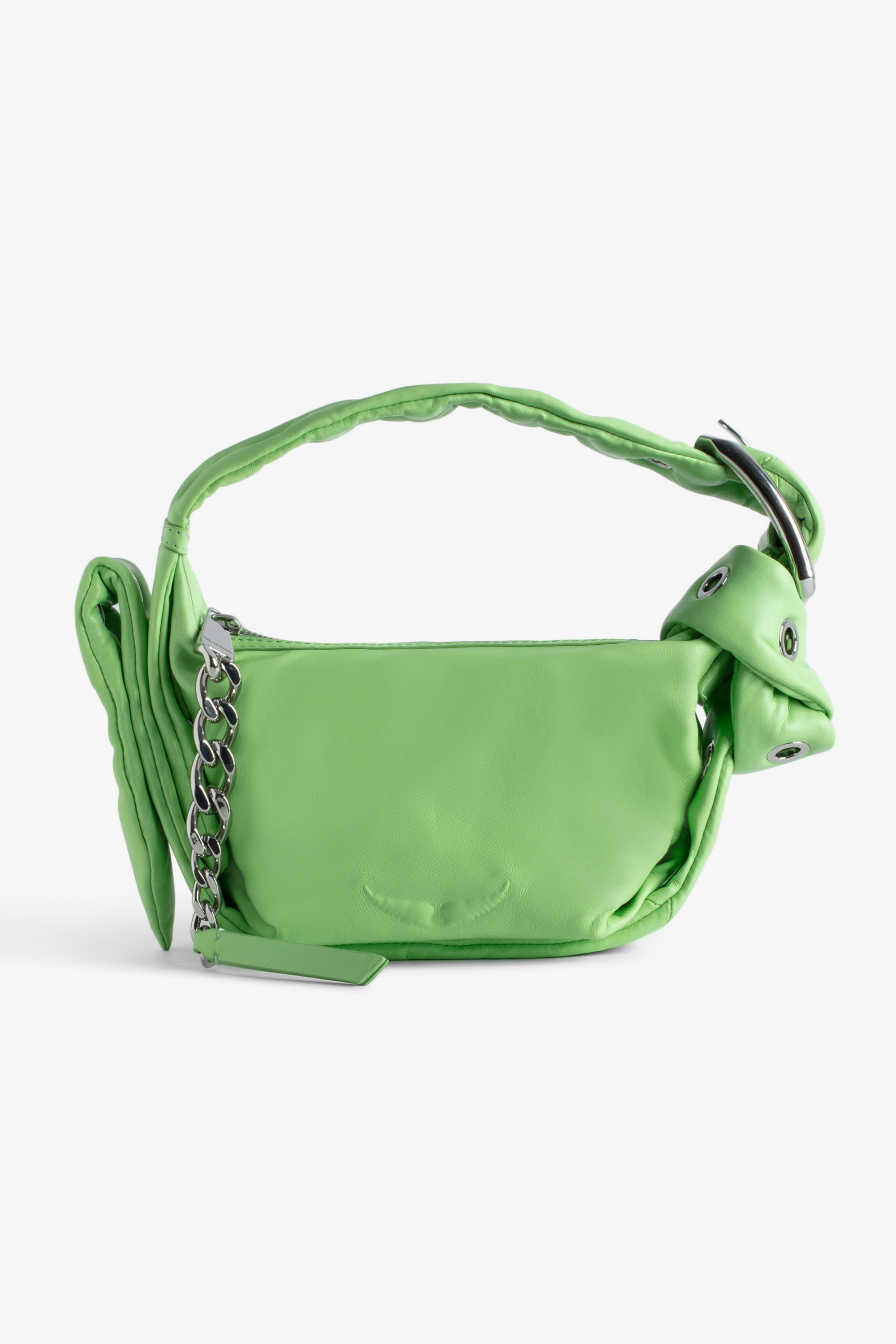 Handtasche Le Cecilia XS Obsession Kleine Tasche aus grünem Glattleder mit Schulterriemen und C-förmiger Metallschnalle für Damen.