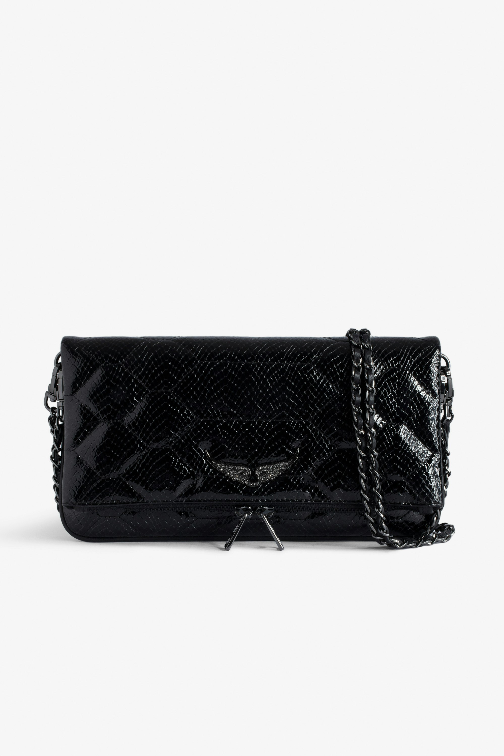 Rock Glossy Wild Quilted Clutch - Black python-effect quilted patent leather clutch with double leather and metal chain strap.