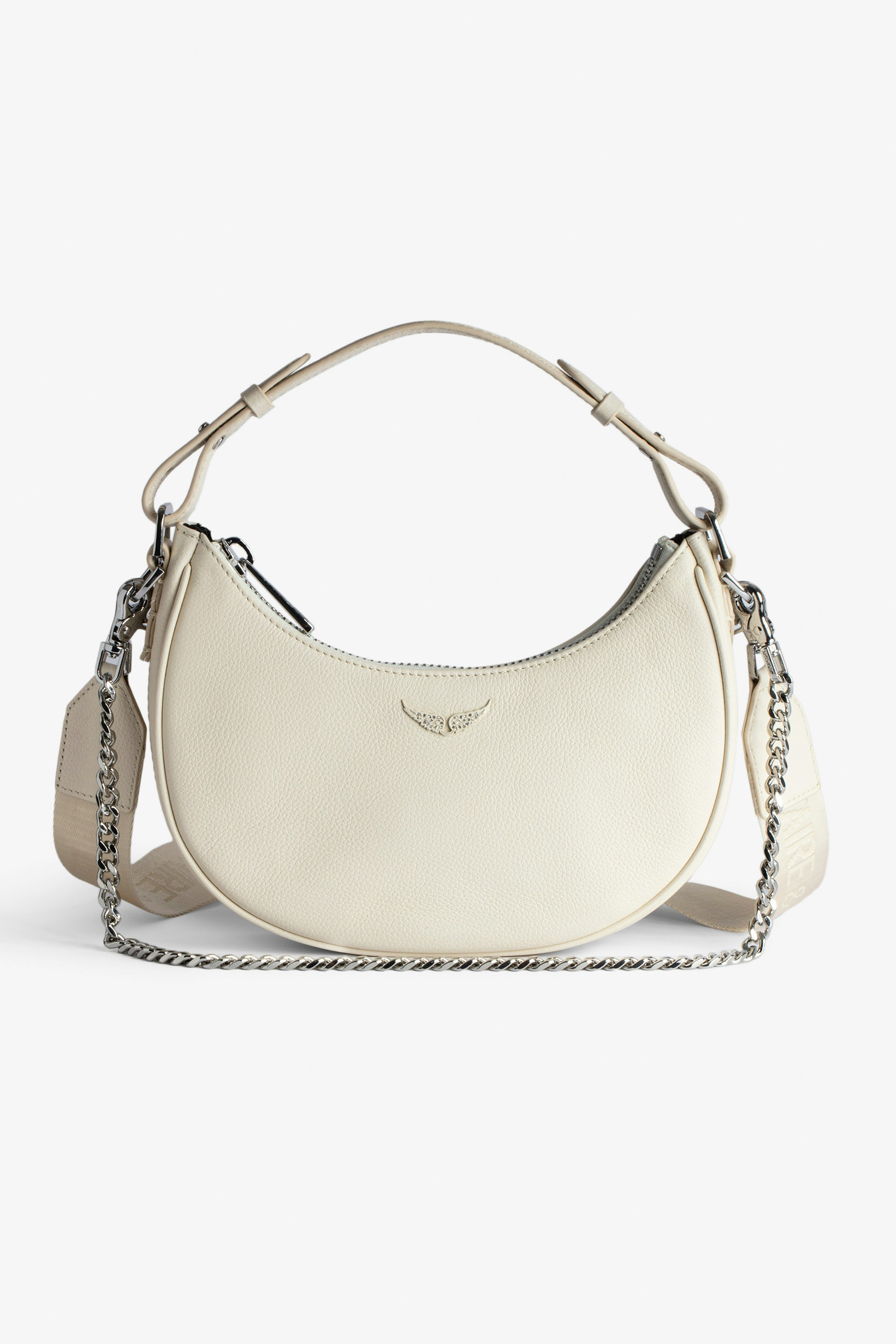 Moonrock Bag - Women’s half-moon bag in ecru grained leather with a short handle, shoulder strap, chain and signature wings.