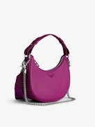 Moonrock Bag - Fuchsia grained leather half-moon bag with handle and chain shoulder strap.