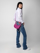 Moonrock Bag - Fuchsia grained leather half-moon bag with handle and chain shoulder strap.