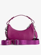 Moonrock Bag - Fuchsia grained leather half-moon bag with handle and chain shoulder strap.
