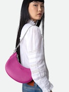 Moonrock Bag - Fuchsia grained leather half-moon bag with handle and chain shoulder strap.