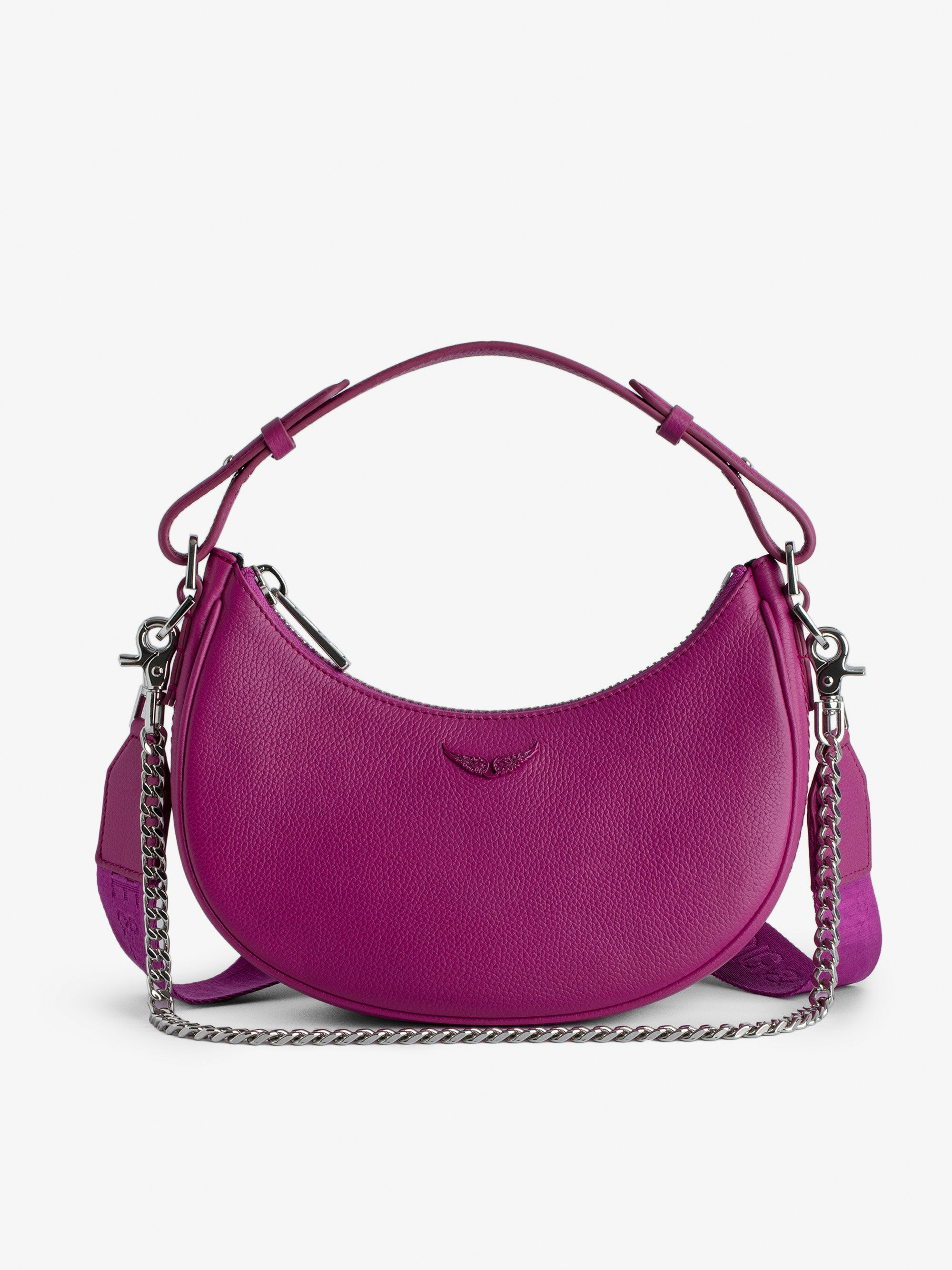 Moonrock Bag - Fuchsia grained leather half-moon bag with handle and chain shoulder strap.