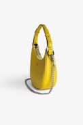 Moonrock Bag - Women’s half-moon bag in yellow grained leather with a short handle, shoulder strap, chain and signature wings.