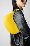 Moonrock Bag - Women’s half-moon bag in yellow grained leather with a short handle, shoulder strap, chain and signature wings.