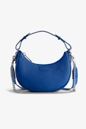 Moonrock Bag - Women’s half-moon bag in blue grained leather with a short handle, shoulder strap, chain and signature wings.