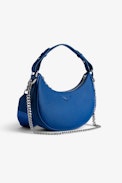 Moonrock Bag - Women’s half-moon bag in blue grained leather with a short handle, shoulder strap, chain and signature wings.