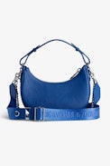 Moonrock Bag - Women’s half-moon bag in blue grained leather with a short handle, shoulder strap, chain and signature wings.