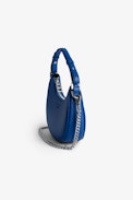 Moonrock Bag - Women’s half-moon bag in blue grained leather with a short handle, shoulder strap, chain and signature wings.