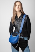Moonrock Bag - Women’s half-moon bag in blue grained leather with a short handle, shoulder strap, chain and signature wings.
