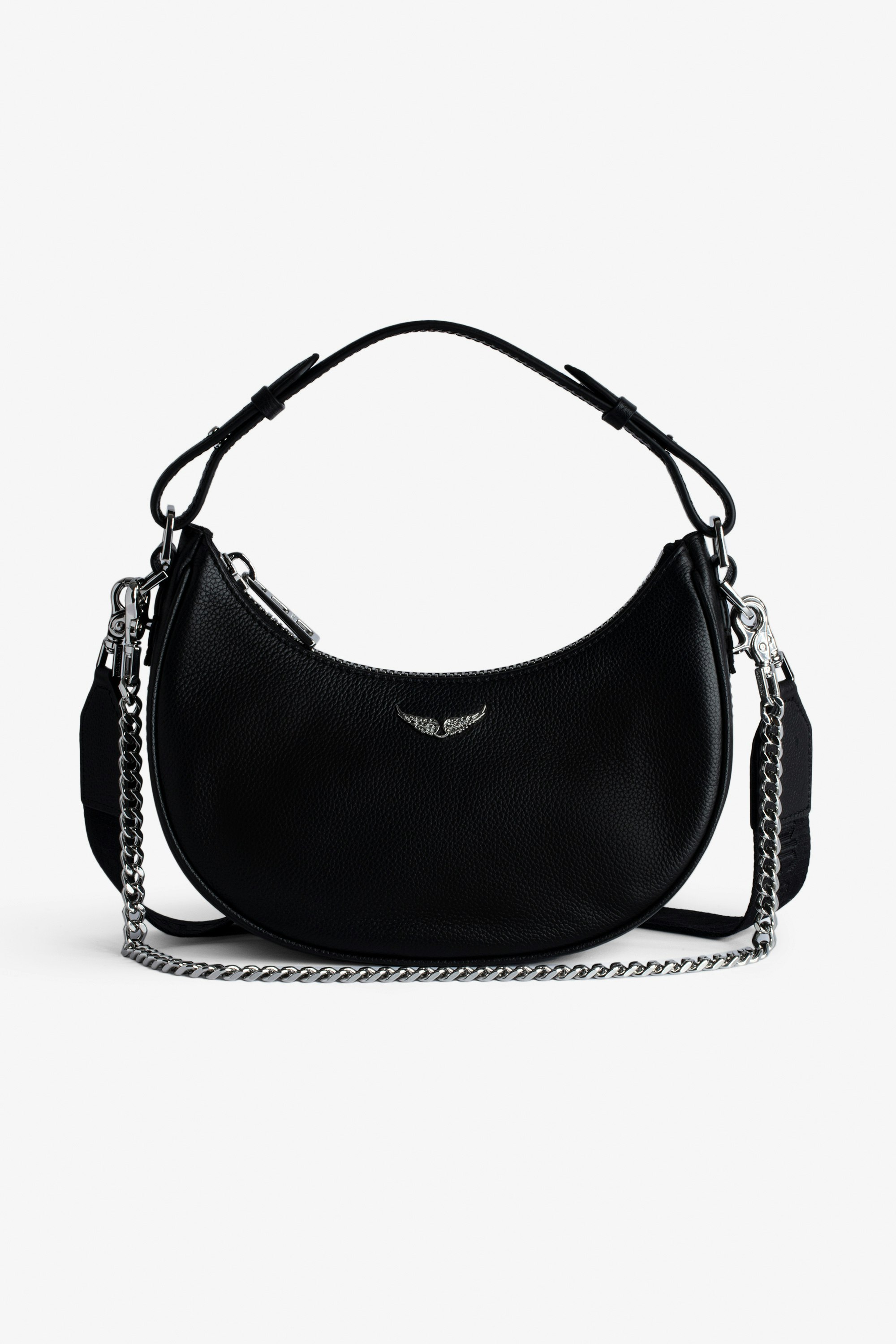 Tasche Moonrock Halbmondtasche für Damen aus schwarzem genarbtem Leder mit kurzem Henkel, Schulterriemen, Kette und Signature-Flügeln.