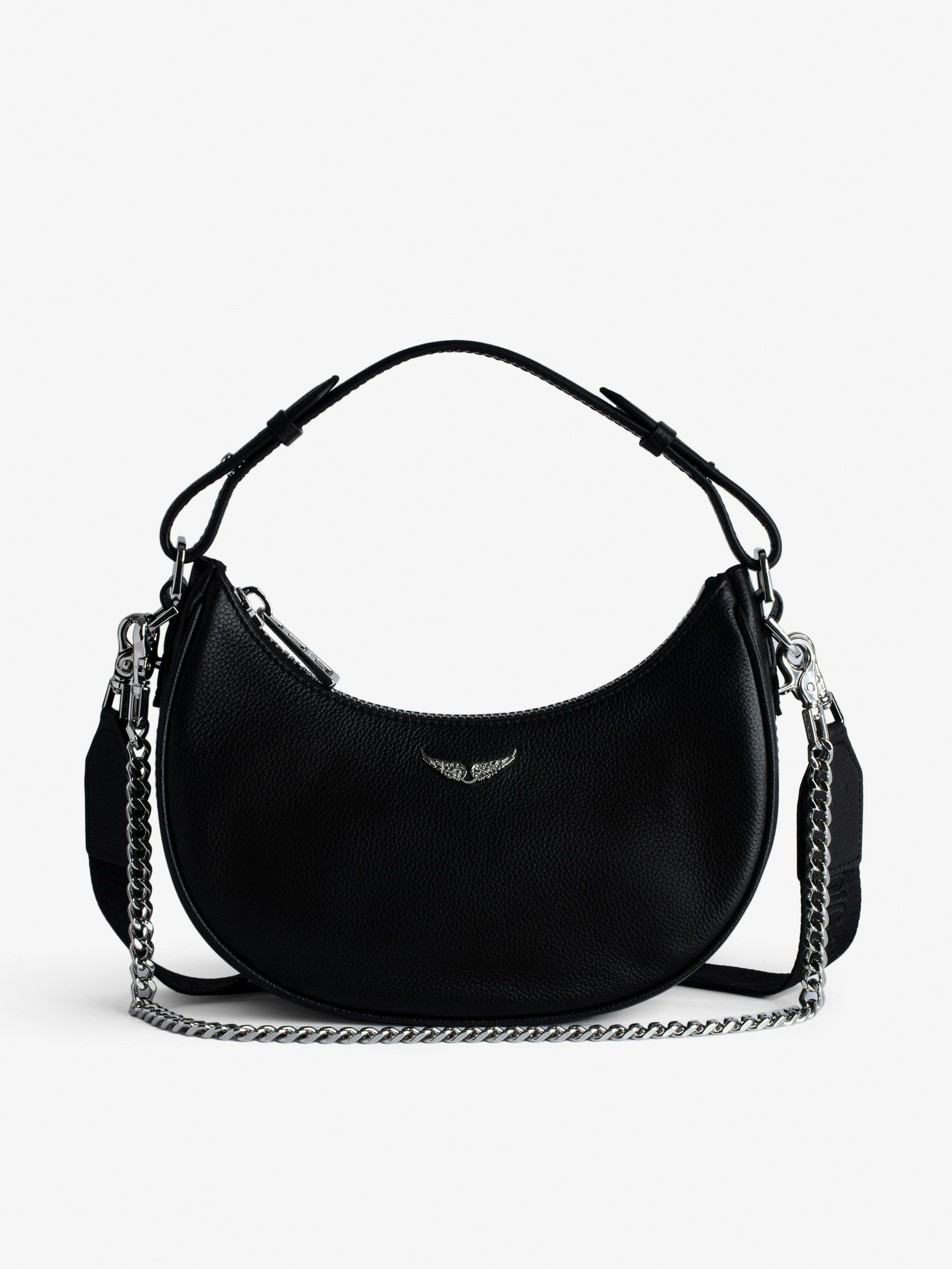 Tasche Moonrock - Halbmondtasche für Damen aus schwarzem genarbtem Leder mit kurzem Henkel, Schulterriemen, Kette und Signature-Flügeln.