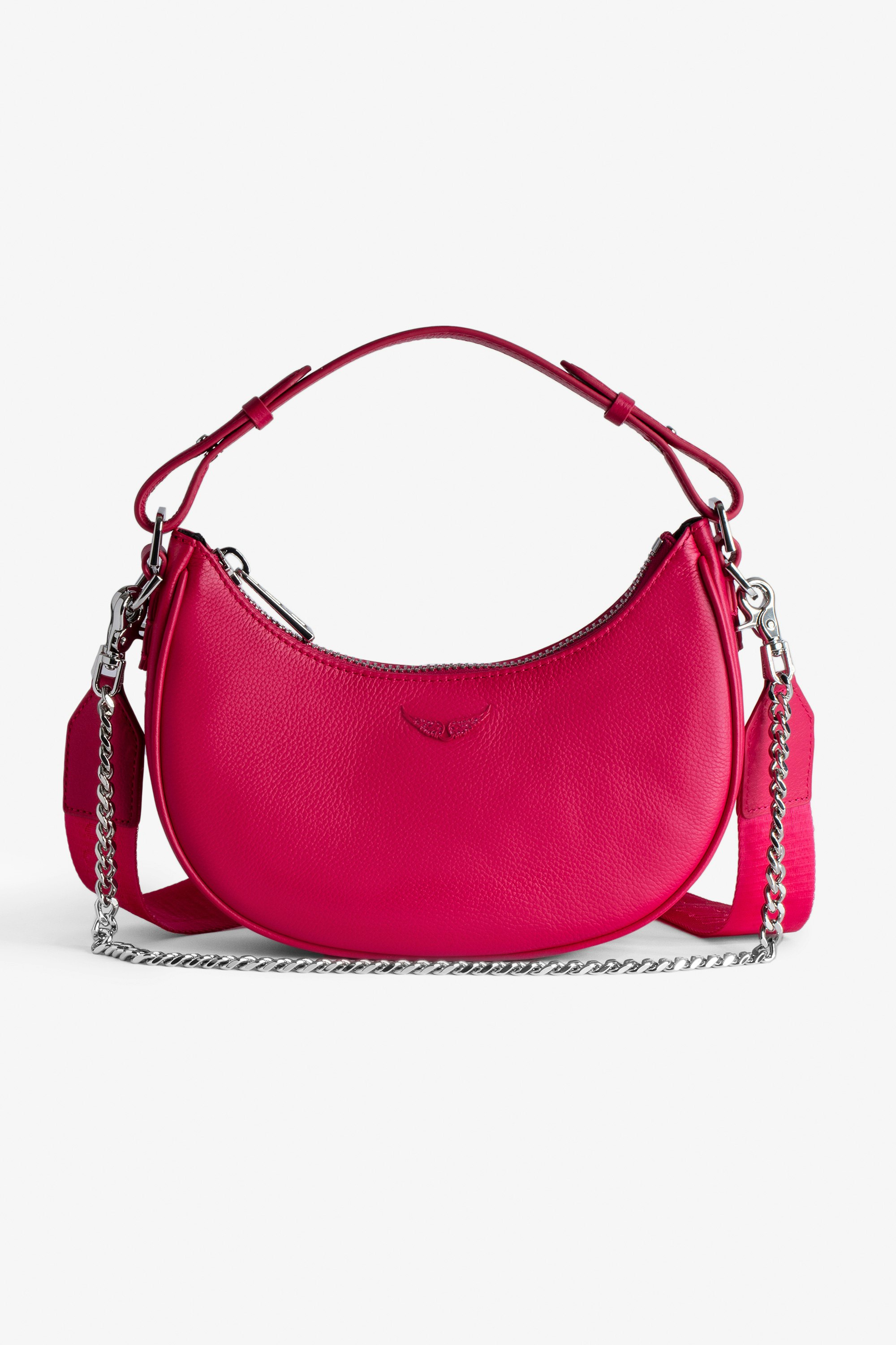 Moonrock Bag - Women’s half-moon bag in pink grained leather with a short handle, shoulder strap, chain and signature wings.