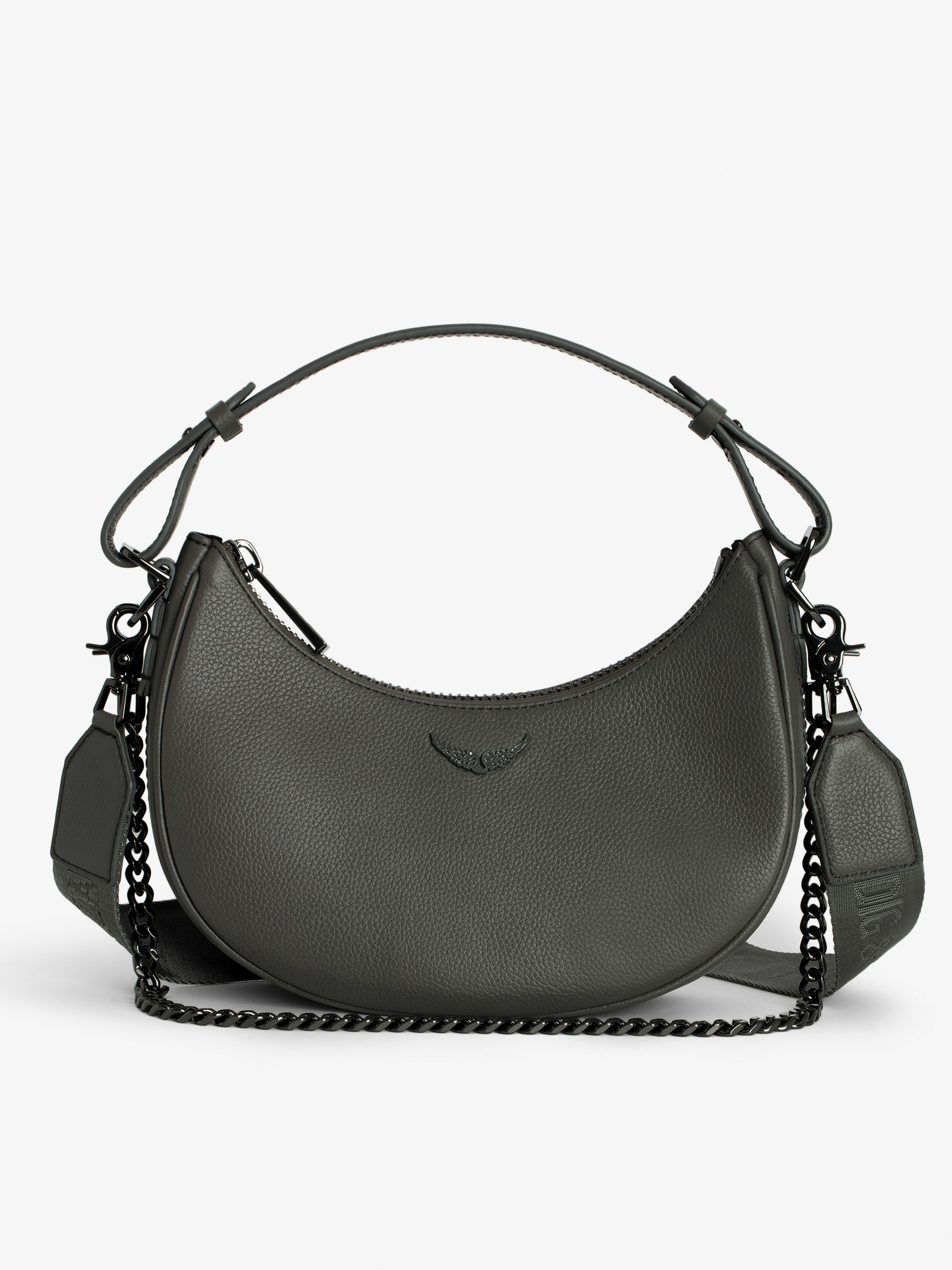 Moonrock Bag - Half-moon bag in grained leather with handle, shoulder strap, chain and signature wings.