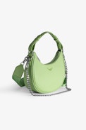 Moonrock Bag - Women’s half-moon bag in green grained leather with a short handle, shoulder strap, chain and signature wings.