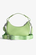 Moonrock Bag - Women’s half-moon bag in green grained leather with a short handle, shoulder strap, chain and signature wings.