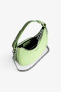Moonrock Bag - Women’s half-moon bag in green grained leather with a short handle, shoulder strap, chain and signature wings.