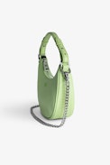 Moonrock Bag - Women’s half-moon bag in green grained leather with a short handle, shoulder strap, chain and signature wings.