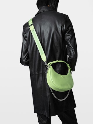Moonrock Bag - Half-moon bag in grained leather with short handle, shoulder strap, chain and signature wings.