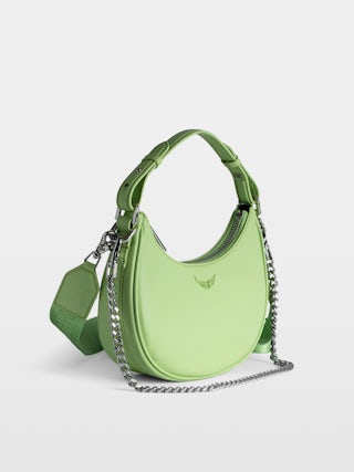 Moonrock Bag - Half-moon bag in grained leather with short handle, shoulder strap, chain and signature wings.