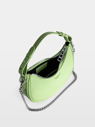 Moonrock Bag - Half-moon bag in grained leather with short handle, shoulder strap, chain and signature wings.