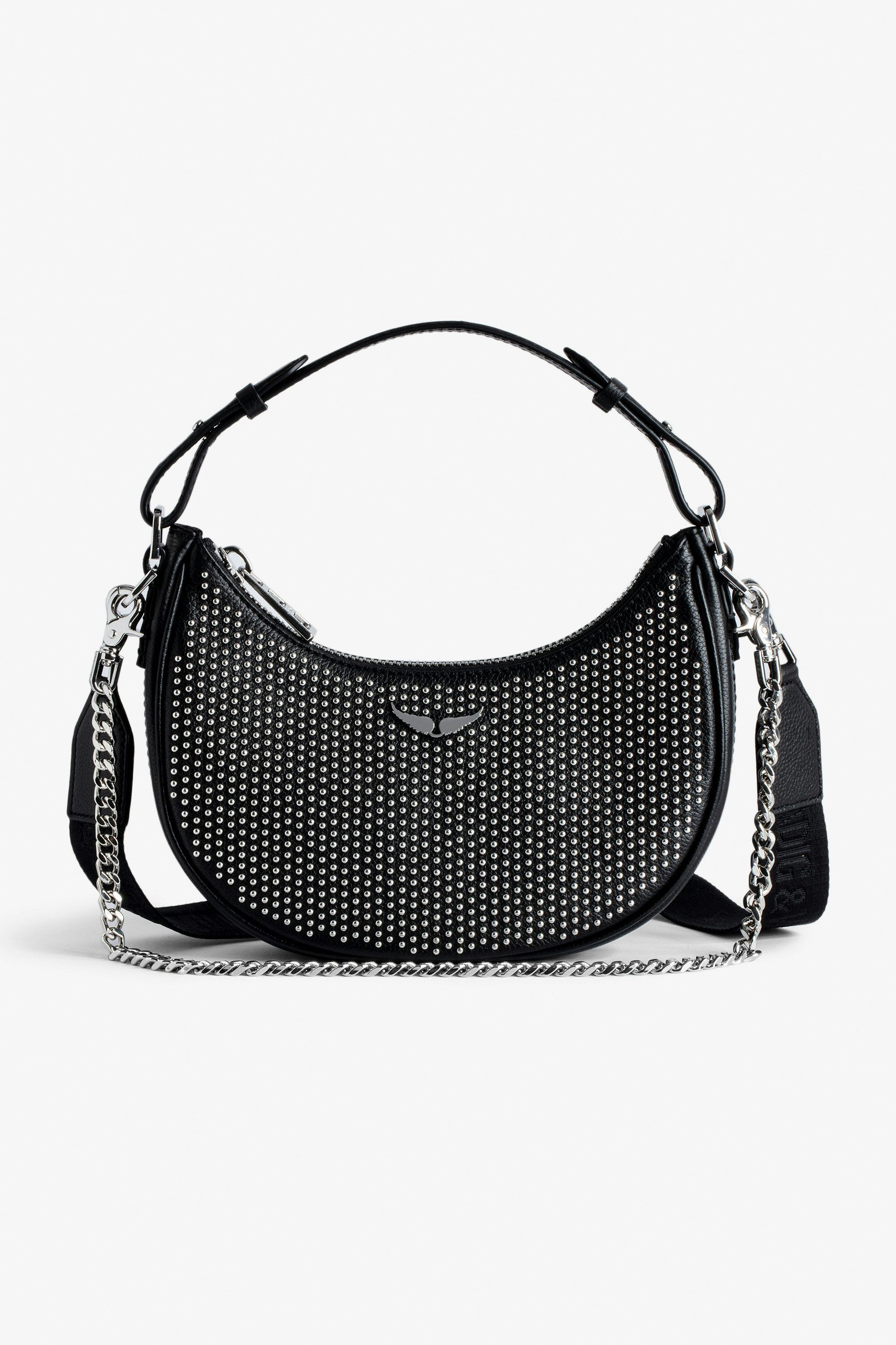 Moonrock Dotted Swiss Bag - Women’s half-moon bag in black grained leather with a short handle, shoulder strap, chain and signature wings.
