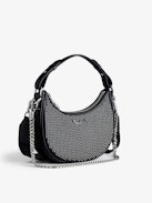 Moonrock Dotted Swiss Bag - Women’s half-moon bag in black grained leather with a short handle, shoulder strap, chain and signature wings.