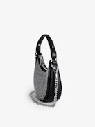 Moonrock Dotted Swiss Bag - Women’s half-moon bag in black grained leather with a short handle, shoulder strap, chain and signature wings.
