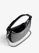 Moonrock Dotted Swiss Bag - Women’s half-moon bag in black grained leather with a short handle, shoulder strap, chain and signature wings.
