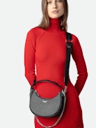 Moonrock Dotted Swiss Bag - Women’s half-moon bag in black grained leather with a short handle, shoulder strap, chain and signature wings.