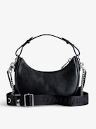 Moonrock Dotted Swiss Bag - Women’s half-moon bag in black grained leather with a short handle, shoulder strap, chain and signature wings.