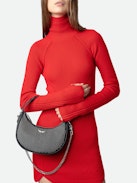 Moonrock Dotted Swiss Bag - Women’s half-moon bag in black grained leather with a short handle, shoulder strap, chain and signature wings.