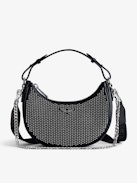 Moonrock Dotted Swiss Bag - Women’s half-moon bag in black grained leather with a short handle, shoulder strap, chain and signature wings.
