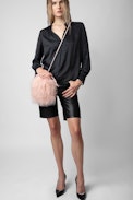 Rock To Go Frenzy Shearling Bag - Women’s small bucket bag in pink shearling leather with drawstring and shoulder strap.