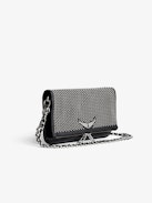 Rock Dotted Swiss Clutch - Women’s black grained leather clutch with dotted Swiss studs and a double leather and metal chain strap.