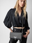 Rock Dotted Swiss Clutch - Women’s black grained leather clutch with dotted Swiss studs and a double leather and metal chain strap.