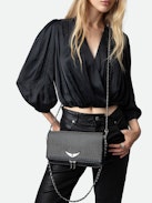 Rock Dotted Swiss Clutch - Women’s black grained leather clutch with dotted Swiss studs and a double leather and metal chain strap.