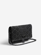 Rock Quilted Suede Clutch - Women’s grey snakeskin-effect quilted suede clutch with wings charm.