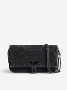 Rock Quilted Suede Clutch - Women’s grey snakeskin-effect quilted suede clutch with wings charm.