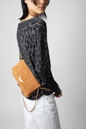 Rock Quilted Suede Clutch - Women’s camel snakeskin-effect quilted suede clutch with wings charm.