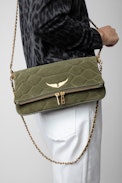 Rock Quilted Suede Clutch - Women’s khaki snakeskin-effect quilted suede clutch with wings charm.