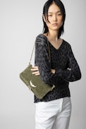 Rock Quilted Suede Clutch - Women’s khaki snakeskin-effect quilted suede clutch with wings charm.